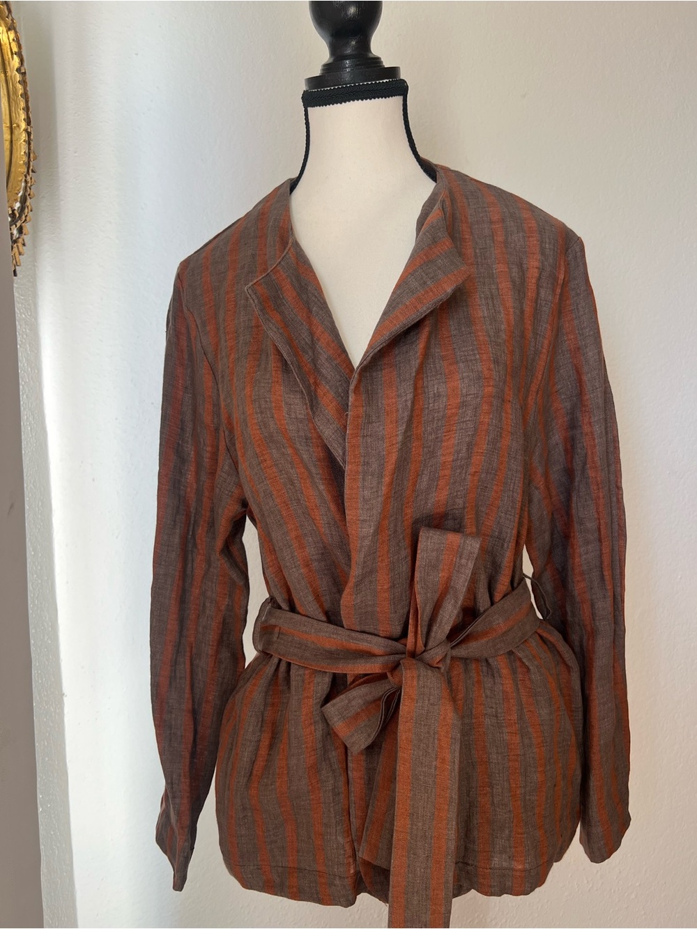 Zara Striped Belted Jacket in Rust and Brown